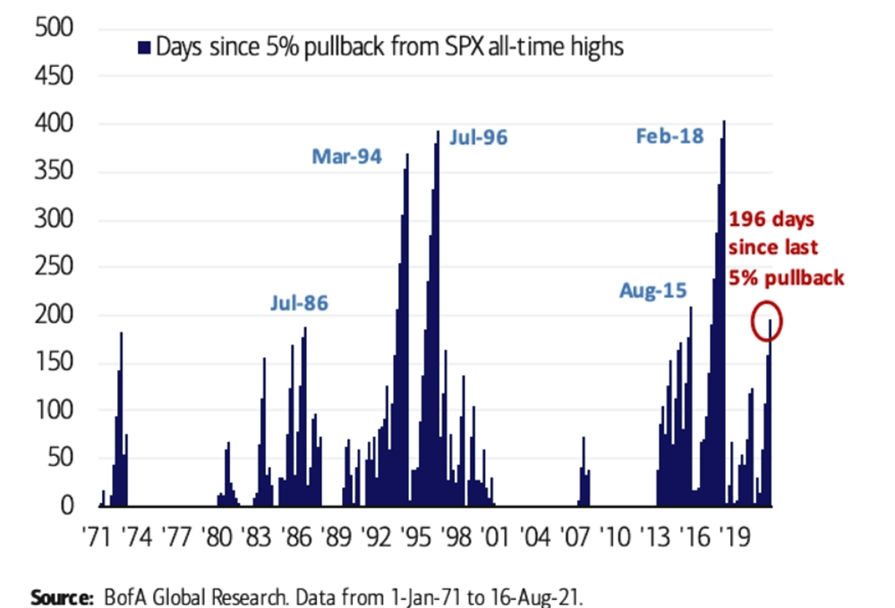 graph shows August 2021 is 196 days since last 5% pullback